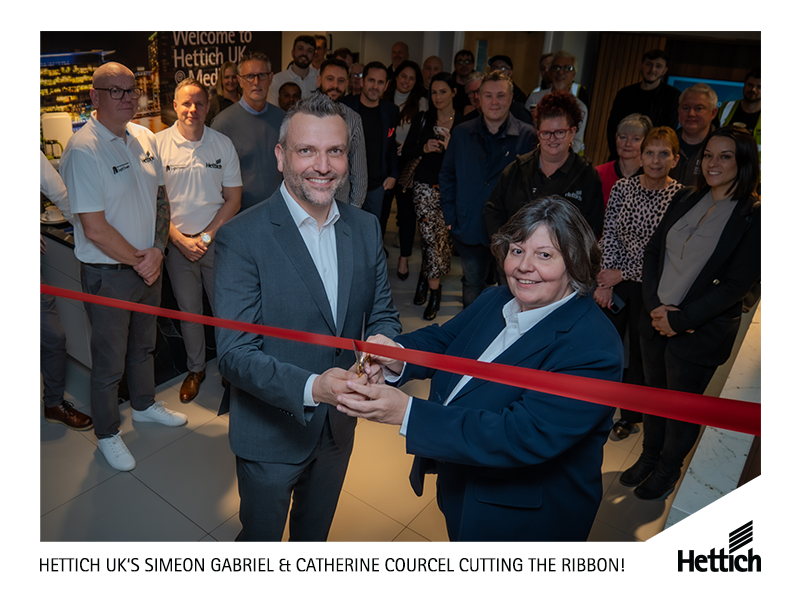 Simeon Gabriel and Catherine Courcel are cutting the red ribbon at the official opening of Hettich UK's first Innovation and Training Centre.